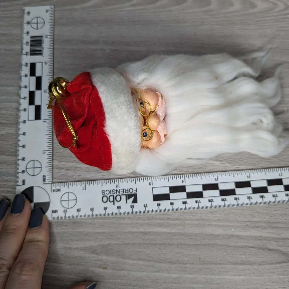 Vintage Vinyl/Hard Plastic Santa Face Ornaments with Fuzzy Beards and Hat Set 2